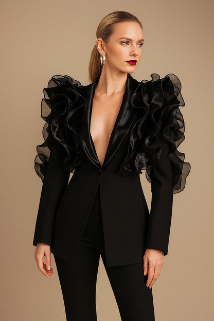 Midnight Bloom Ruffles Blazer - Elevate Your Style with Elegance