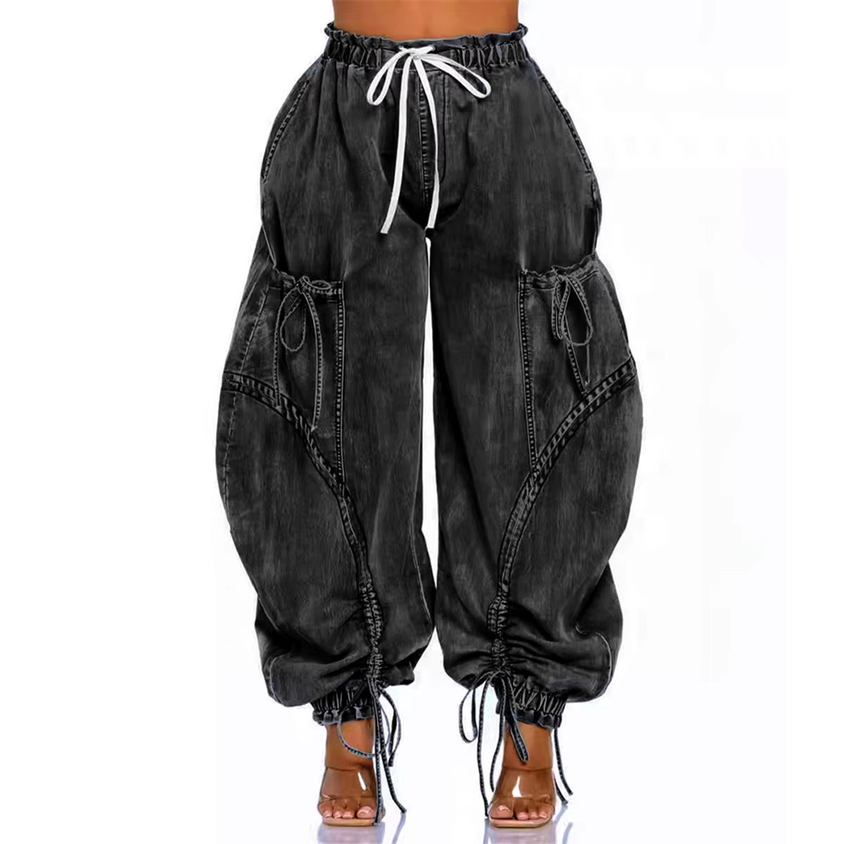 OUDINA Fashion Casual Elastic Waist Drawstring Bow Women'S Cargo Jeans High Waist Jeans Simple Women'S Jeans