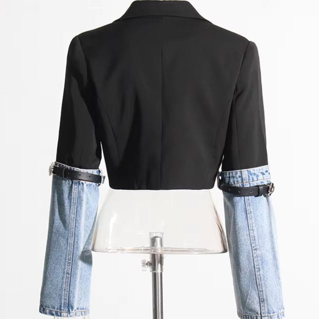 OUDINA Trendy Irregular Patchwork Denim Long Sleeve Lace-Up Casual Short Suit Blazer Cropped Jacket Jackets for Women
