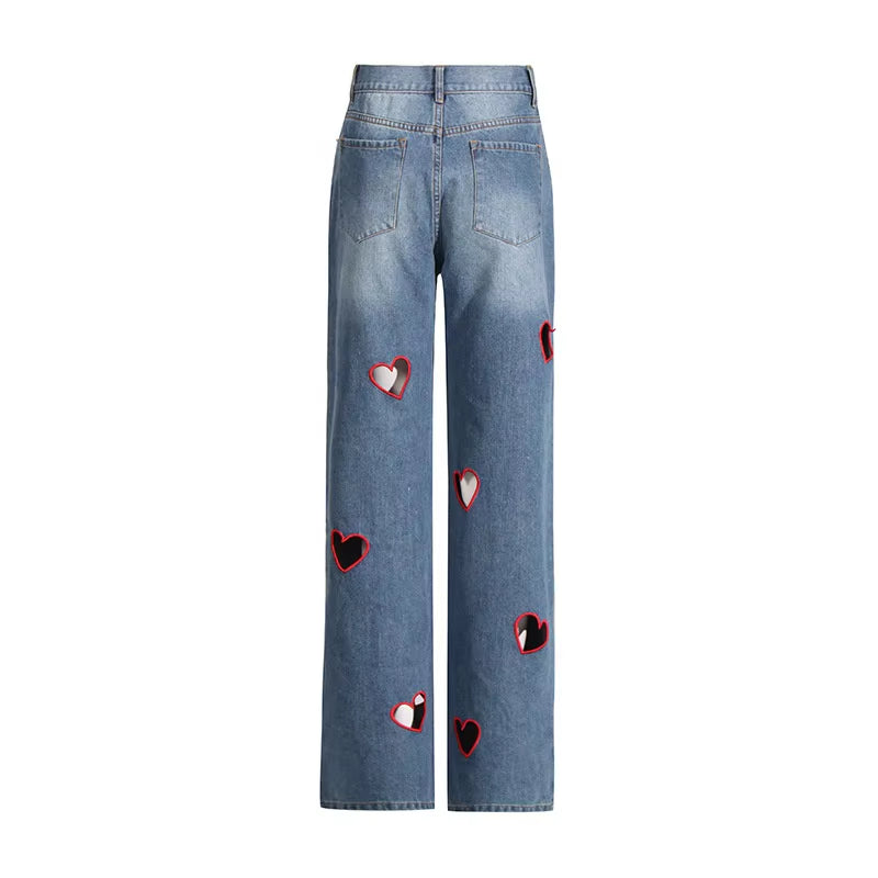 OUDINA Trendy Straight Hollow Heart High Waist Jeans Pants Solid Women'S Denim Pants Casual Women'S Jeans