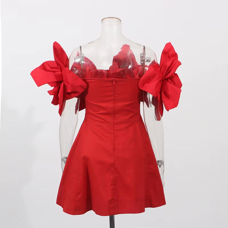 Factory Wholesale Three Dimensional Big Flower Splicing off Shoulder Solid Color Waist Short 2025 Prom Dresses Evening Dress