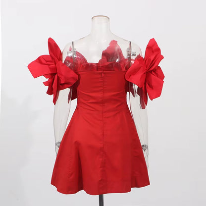 Factory Wholesale Three Dimensional Big Flower Splicing off Shoulder Solid Color Waist Short 2025 Prom Dresses Evening Dress