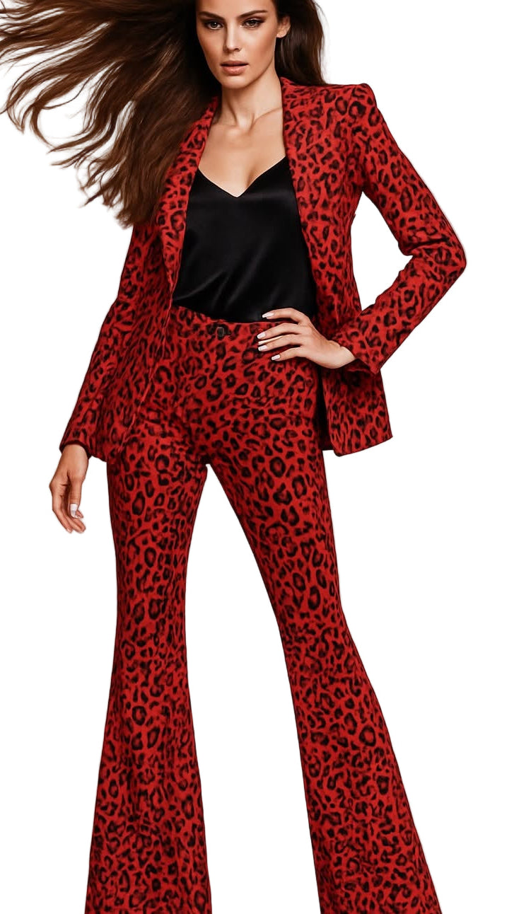 Chic Two Piece Velvet Leopard Print Blazer and Tights Suit Set for Women
