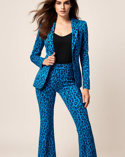 Chic Two Piece Velvet Leopard Print Blazer and Tights Suit Set for Women