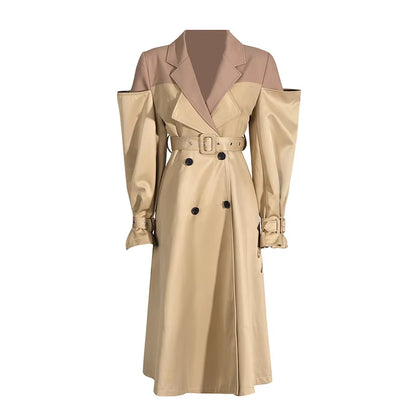 OUDINA Fashion Splice Contrast Color Long Double-Breasted Sashes Elegant Coat Casual Trench Coat Simple Women'S Coats