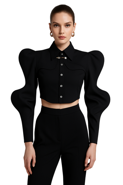 Structured 2-Piece Sculpted Sleeve Cropped Shirt Set