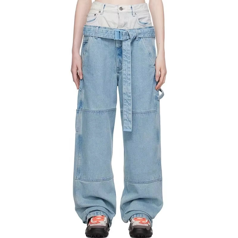 OUDINA Street Style Patchwork Washed Jeans Double Waist Color Contrast Belt Women'S Pants