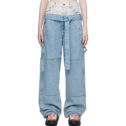 OUDINA Street Style Patchwork Washed Jeans Double Waist Color Contrast Belt Women'S Pants