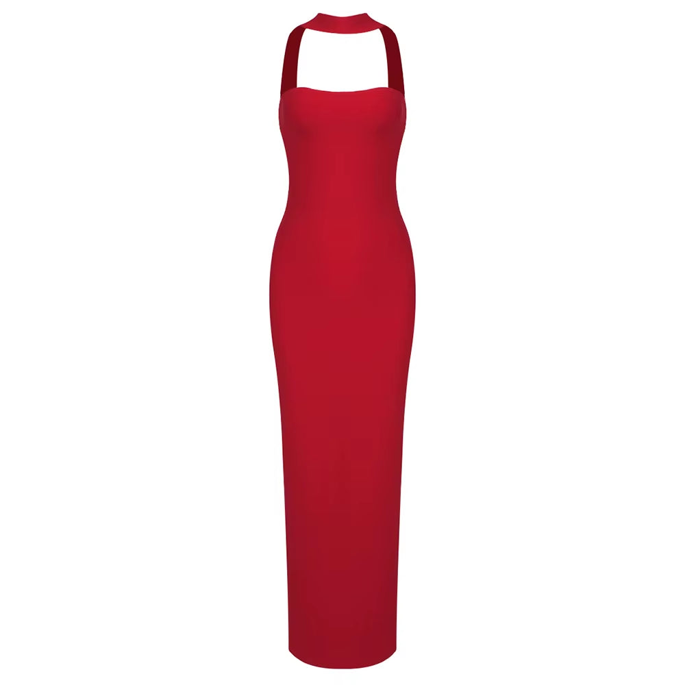OUDINA Summer New Women'S Clothing Elegant Tight Halter Neck Elastic Women Dress Dinner Party Evening Long Bandage Dresses