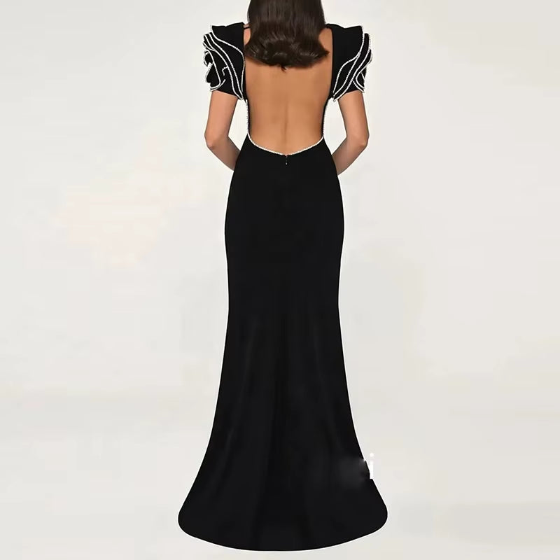 DRESS 2 --------See through Beaded Hollow Mesh Long Dress Gown Elegant Luxury Evening Dresses