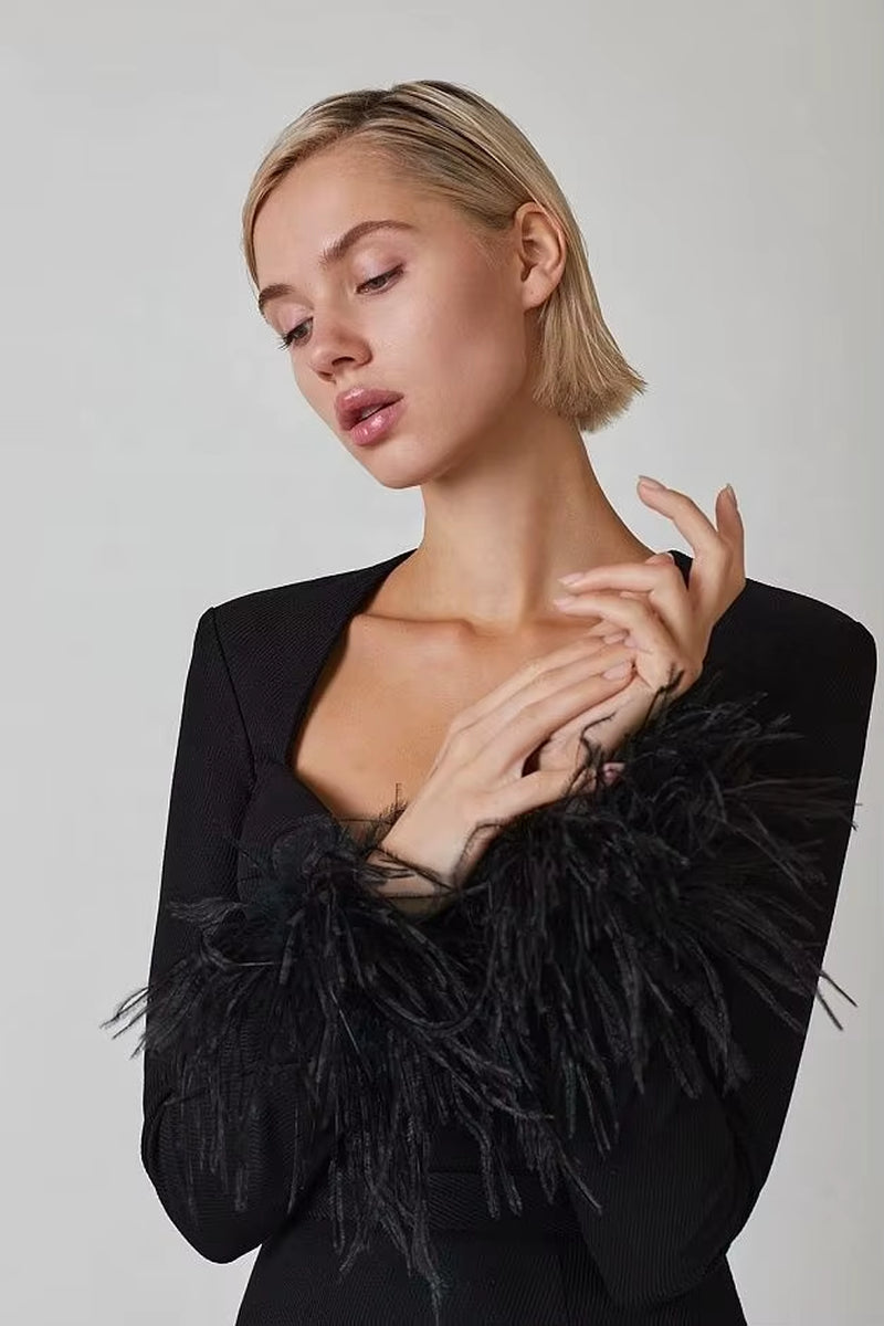 OUDINA New Fashion Long Sleeve Ostrich Feather Evening Party Wear Dresses Women Bandage Dress