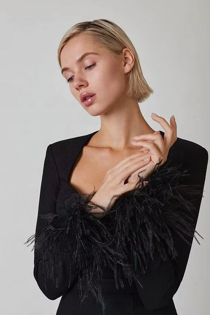 OUDINA New Fashion Long Sleeve Ostrich Feather Evening Party Wear Dresses Women Bandage Dress