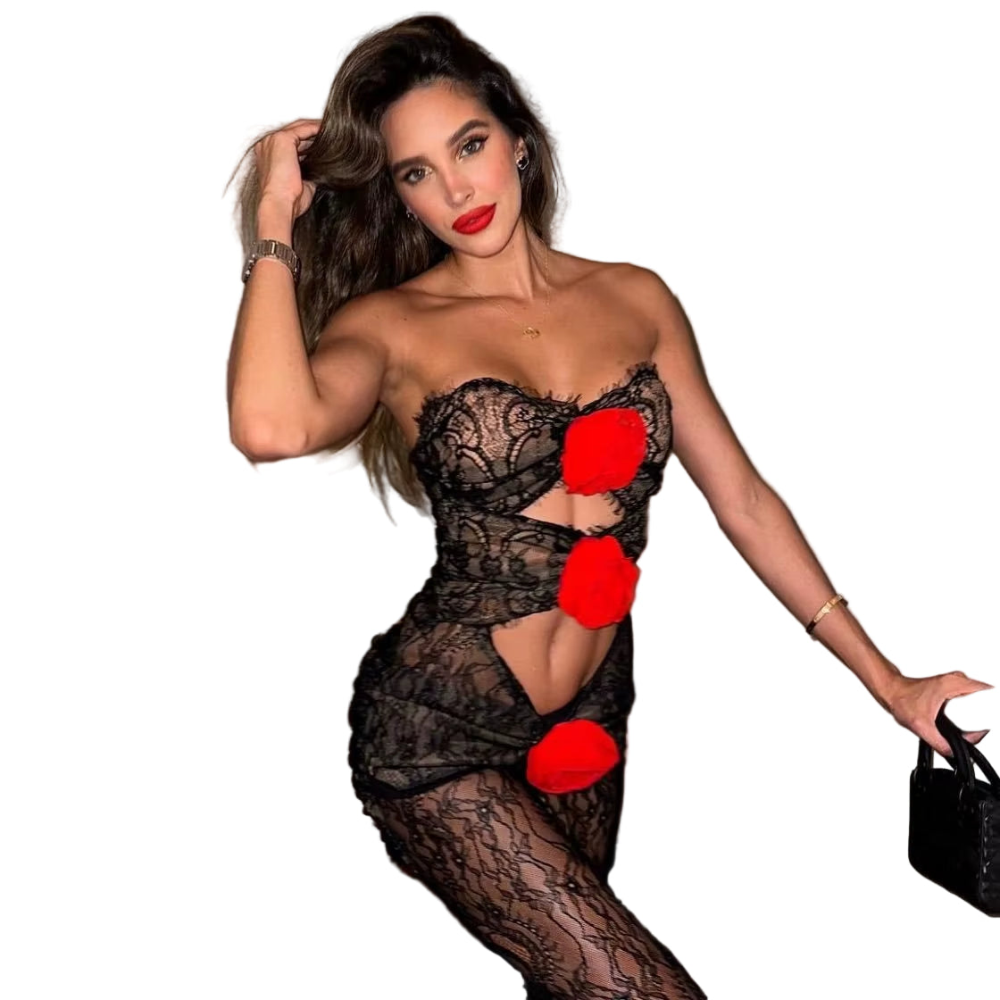 OUDINA European Spring 2024 Flower Tube Top Hollow Perspective Lace Party Evening Elegant Long Women'S Dresses