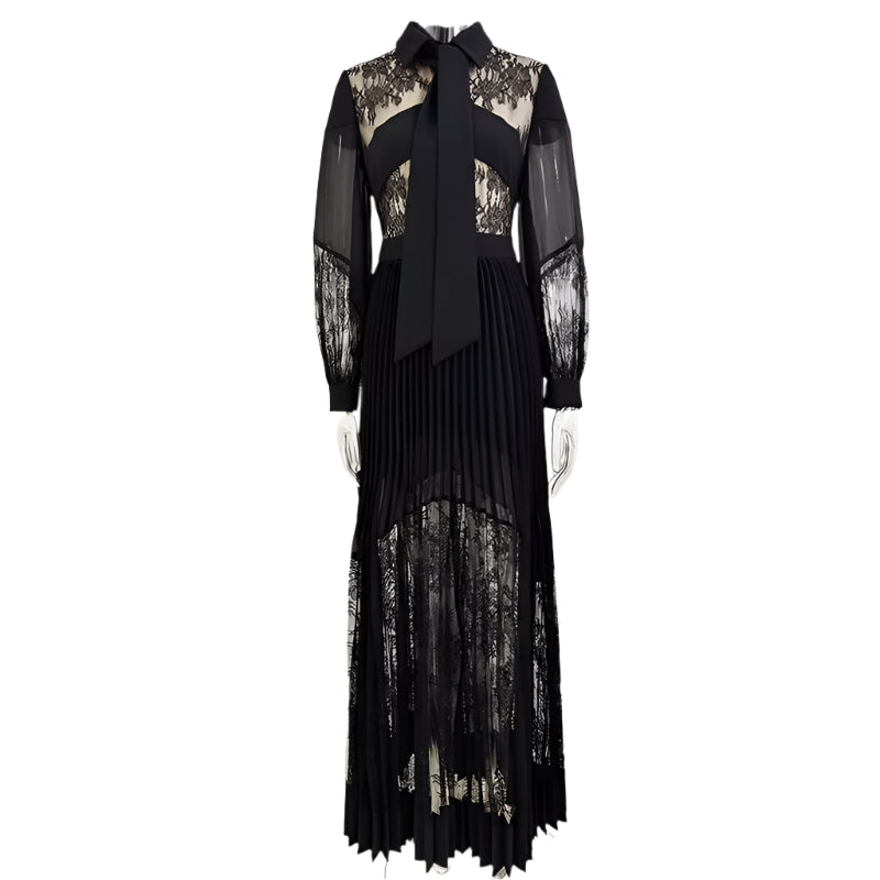 Lace Floor Length Long Sleeve Pleated Long Maxi Dress