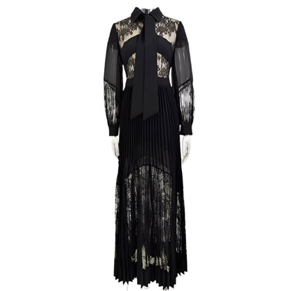 Lace Floor Length Long Sleeve Pleated Long Maxi Dress