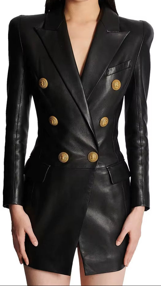 OUDINA Stylish New Slim Double-Breasted Zipper Casual Long Sleeve PU Dresses Women Lady Elegant Leather Dress