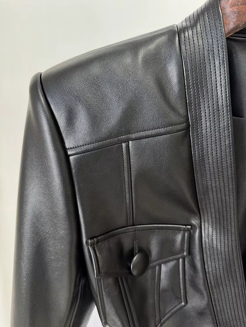 OUDINA New European Fashion Elegant Belt Slim plus Size Pu Jackets Coat Motorcycle Women'S Leather Jacket