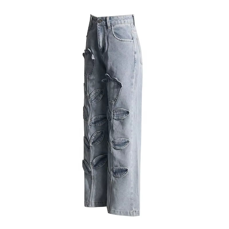 OUDINA Casual Classic Straight Denim Jeans for Women Elegant Flower Applique High Waist Women'S Jeans