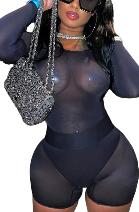 OUDINA Spring New Mesh Tight Bodysuit Top See through Shorts 2 Piece Women Clothing Two Piece See through Set