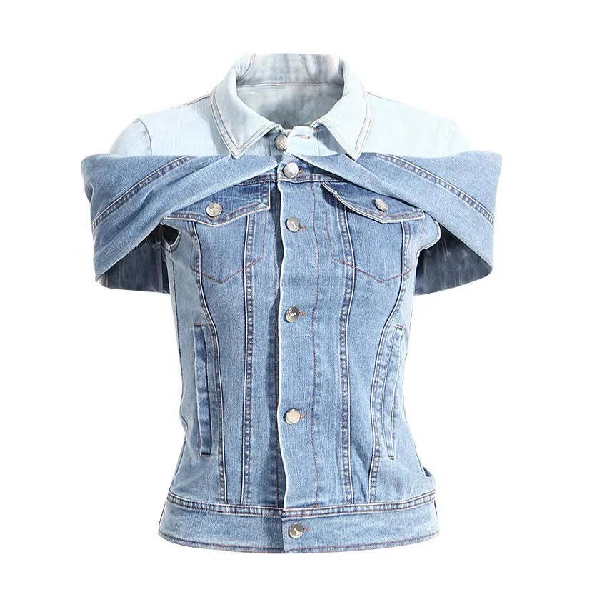 OUDINA Fashionable Unique Style Layered One Shoulder Irregular Blouses and Top Denim Tops Shirts for Women