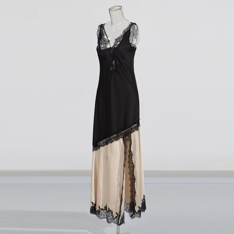 OUDINA New Casual Vacation V Neck Suspender Stitching Slit Dresses Women Lady Elegant Prom Lace Dress