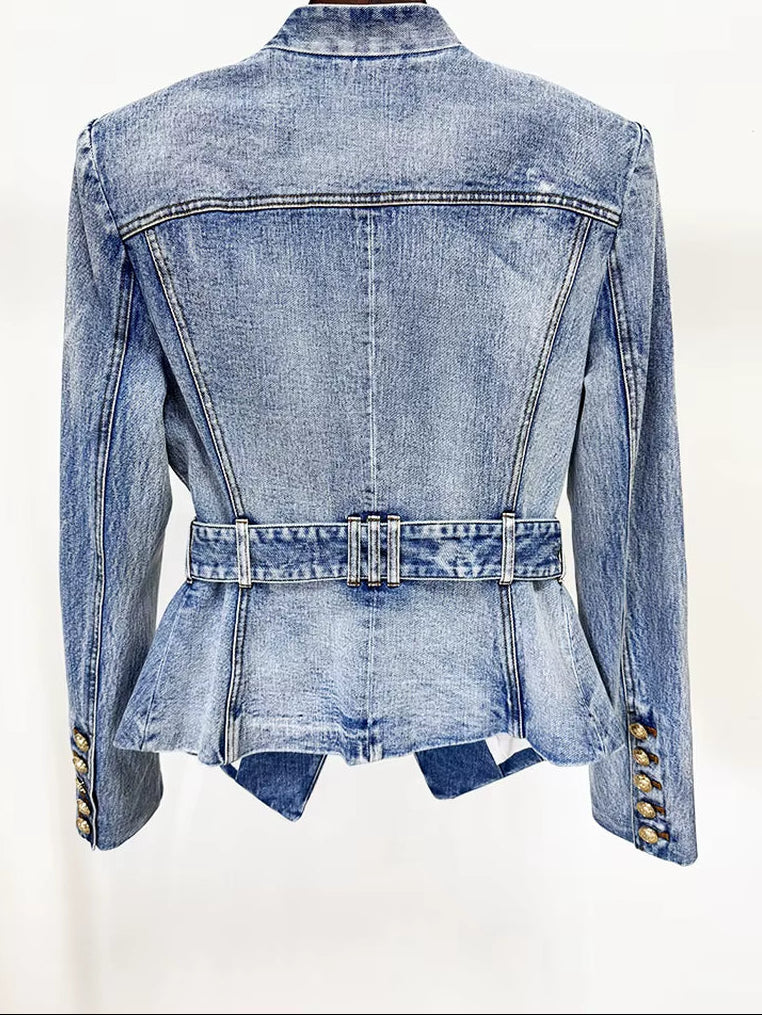 OUDINA Wholesale Ready Stock V Neck Belt Metal Buttons Washed Jean Jacket plus Size XXXL Women'S Jackets