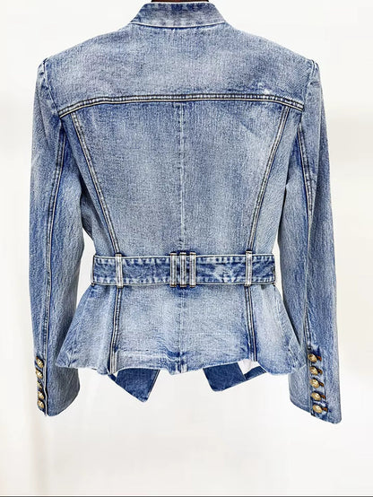 OUDINA Wholesale Ready Stock V Neck Belt Metal Buttons Washed Jean Jacket plus Size XXXL Women'S Jackets