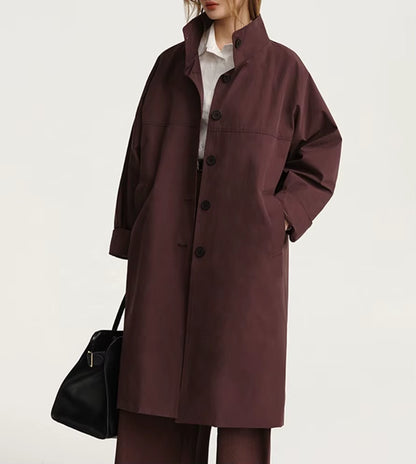 OUDINA Fashion Elegant Stand Single-Breasted Loose Ladies Coat Solid Long Trench Coats Simple Women'S Coats