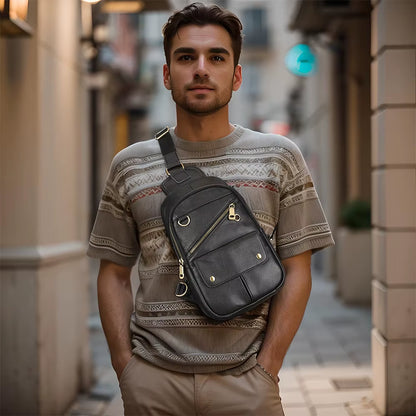 MARRANT Travel Hiking Leather Sling Bag Men Crossbody Shoulder Chest Daypack Genuine Leather Crossbody Bag Chest Bags for Men