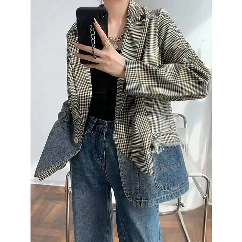 OUDINA Wholesale Suit Collar Elegant Casual Denim Patchwork Plaid Woman Blazer