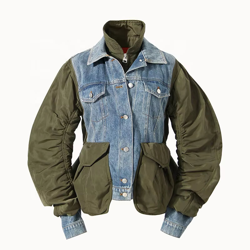 OUDINA Hot Selling Female Winter Warm Loose Casual Ladies Patchwork Denim Jacket Womens