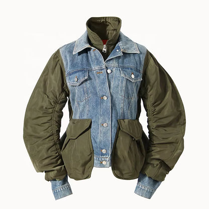 OUDINA Hot Selling Female Winter Warm Loose Casual Ladies Patchwork Denim Jacket Womens