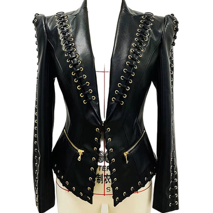 OUDINA Trendy Wholesale Supplies Eyelet Rope Drawstring Slim Suit Jacket Coat Women'S Blazer PU Leather Jacket