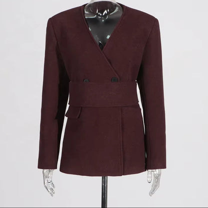 OUDINA Fashion Stitching Sashes High Waist Wide Leg Pants Solid Ladies Suits Women Two Piece Set Women'S Suits