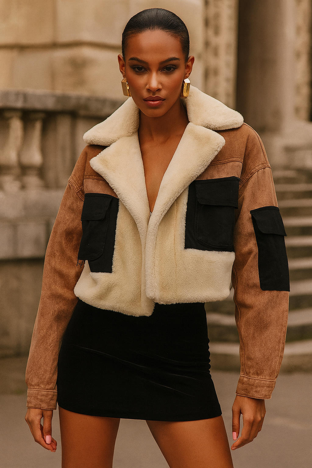 Cozy Chic Denim Bomber Jacket with Plush Shearling and Stylish Patchwork