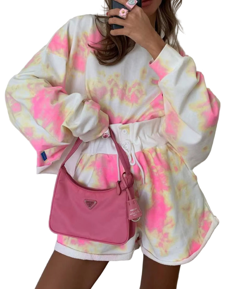 OUDINA New Tie-Dye Loose Sweatshirt and Shorts Set Winter Gigh-Waisted Lace-Up Vacation Style Outfits for Women
