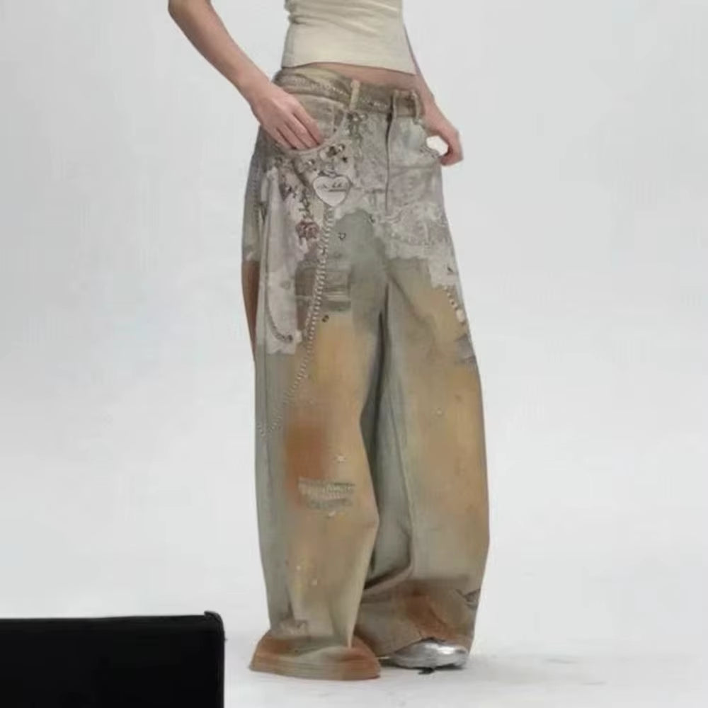 OUDINA Fashion Hollow High Waist Denim Pants Splicing Diamond Women Clothing Jeans Translucent Wide Leg Women'S Jeans