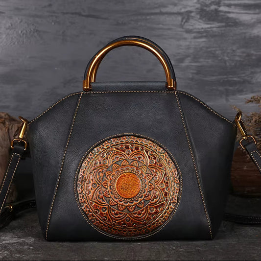 Westal Cowhide Leather Purses and Handbags Vintage Totem Satchel Bag Crossbody Genuine Leather Handbags Tote Bags for Women