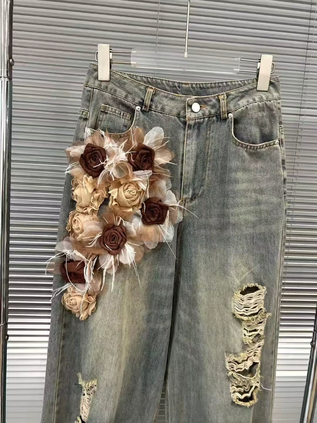 OUDINA New American Fashion Jeans Wave Fractal Structure Straight Leg Pants High Waist Denim Pants for Women