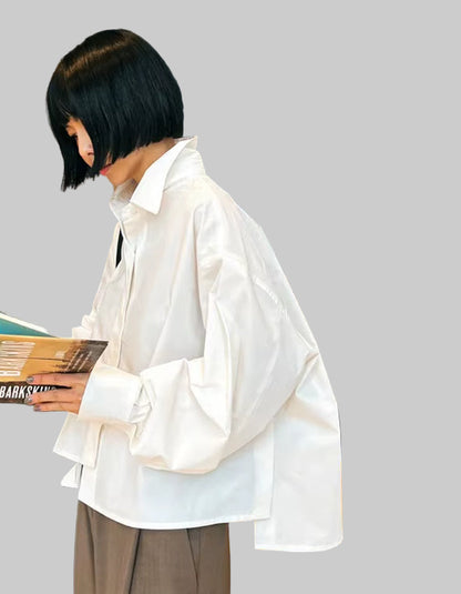 OUDINA French Retro Ruffle Patchwork Shirts for Ladies Spring New Asymmetrical Design Long-Sleeved Women Shirt