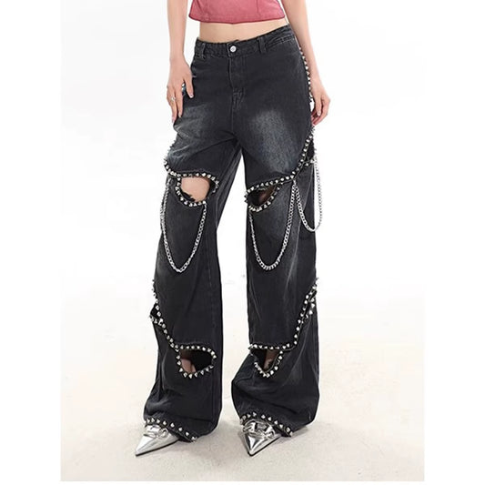 OUDINA Fashion Rivet Jeans for Women High Waist Hollow Women'S Denim Jeans Streetwear Straight Women'S Jeans