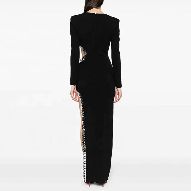 OUDINA Women Star Fashion Temperament Side Slit Hollow Beaded Long Dress plus Size Rhinestones Birthday Formal Dress Woman