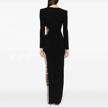 OUDINA Women Star Fashion Temperament Side Slit Hollow Beaded Long Dress plus Size Rhinestones Birthday Formal Dress Woman