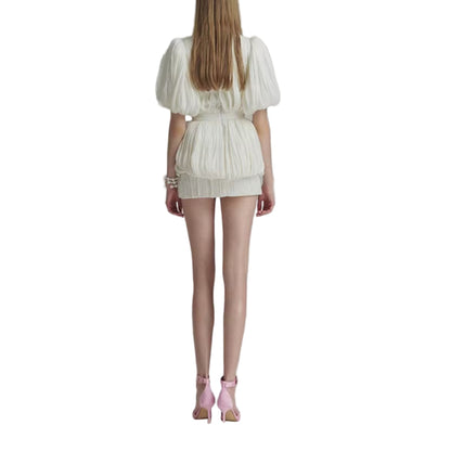 OUDINA Stylish Lady Hotselling Lantern Sleeve Waist-Hugging Hip-Wrapped Flower Pleated Short Women Dresses Modest Casual Dress