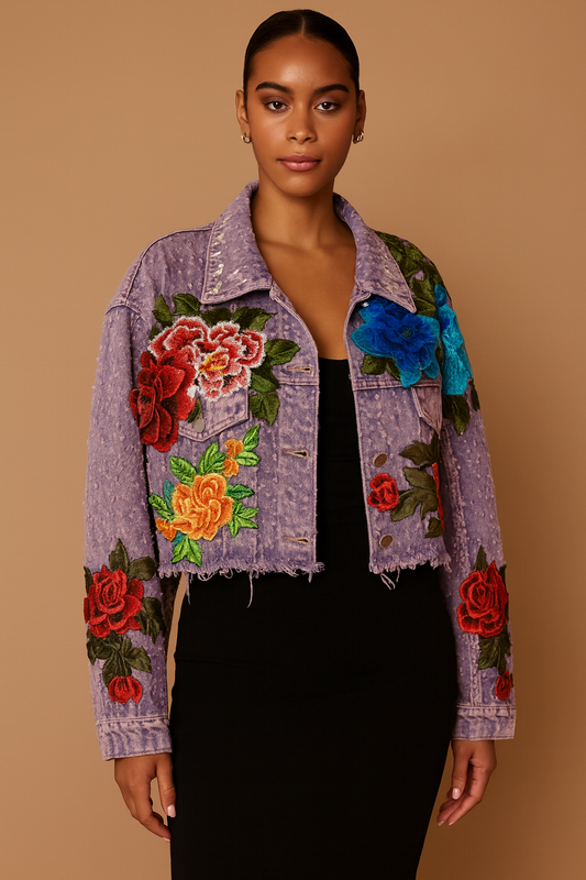 Chic Lavender Cropped Denim Jacket with 3D Floral Embroidery