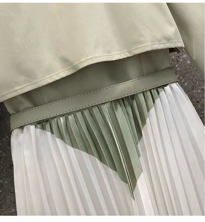 OUDINA New Trendy Elegant Casual with Belt Windbreaker Pleated Women Dress Long Coat Trench Coats