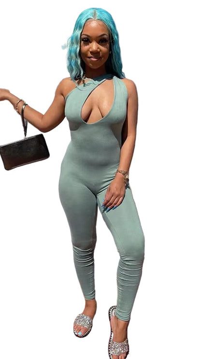 OUDINA Hot Selling Ready to Ship Solid Color Irregular One Shoulder Sleeveless Trousers Jumpsuit Women Jumpsuits