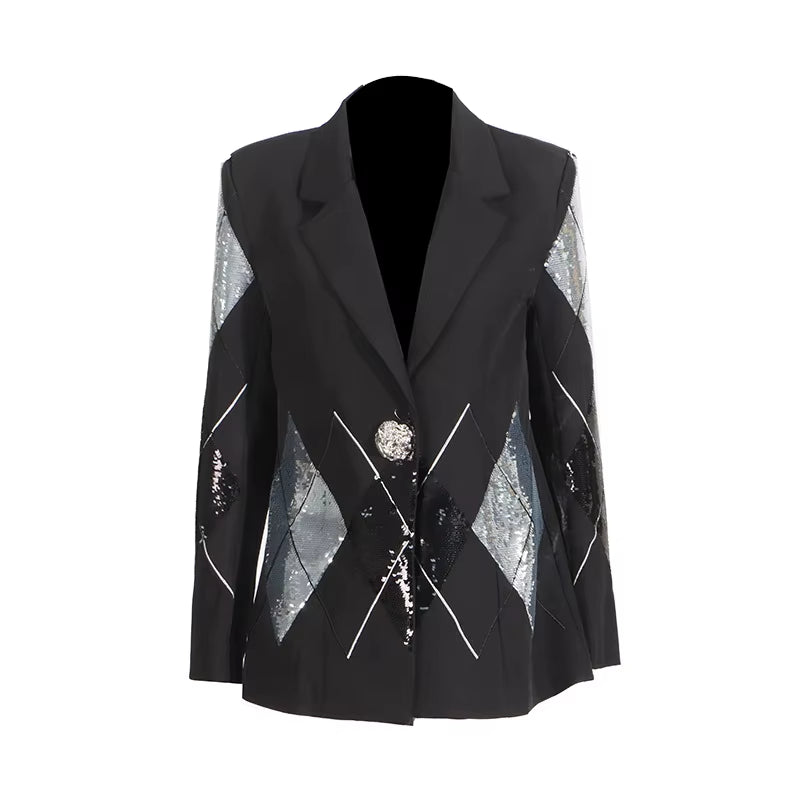OUDINA New High-End Casual Fashion Collage Sequin Design One Button Blazer Femmes Blazers for Women