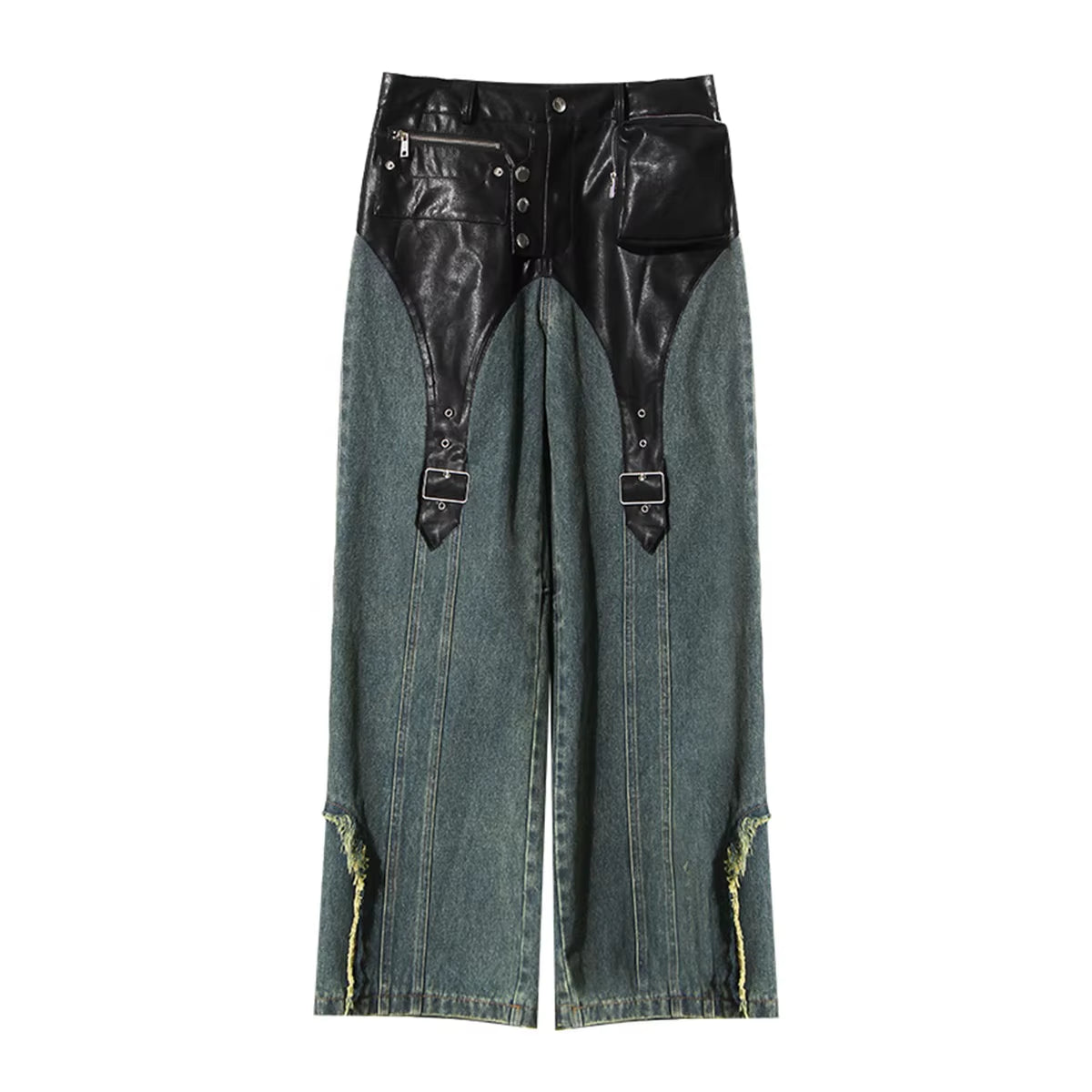 Motorcycle Vintage PU Leather Baggy  Denim Trousers  