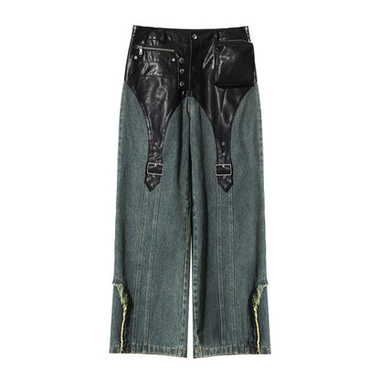 Motorcycle Vintage PU Leather Baggy  Denim Trousers  